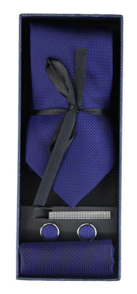 Slips i satin, siden, texturerad, blå, presentset, näsduk, manschettknappar, slips i matt satin