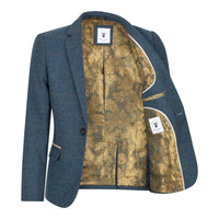 Blå 3-delad fiskbensmönstrad tweedrutig kostym i vintage-modell för pojkar