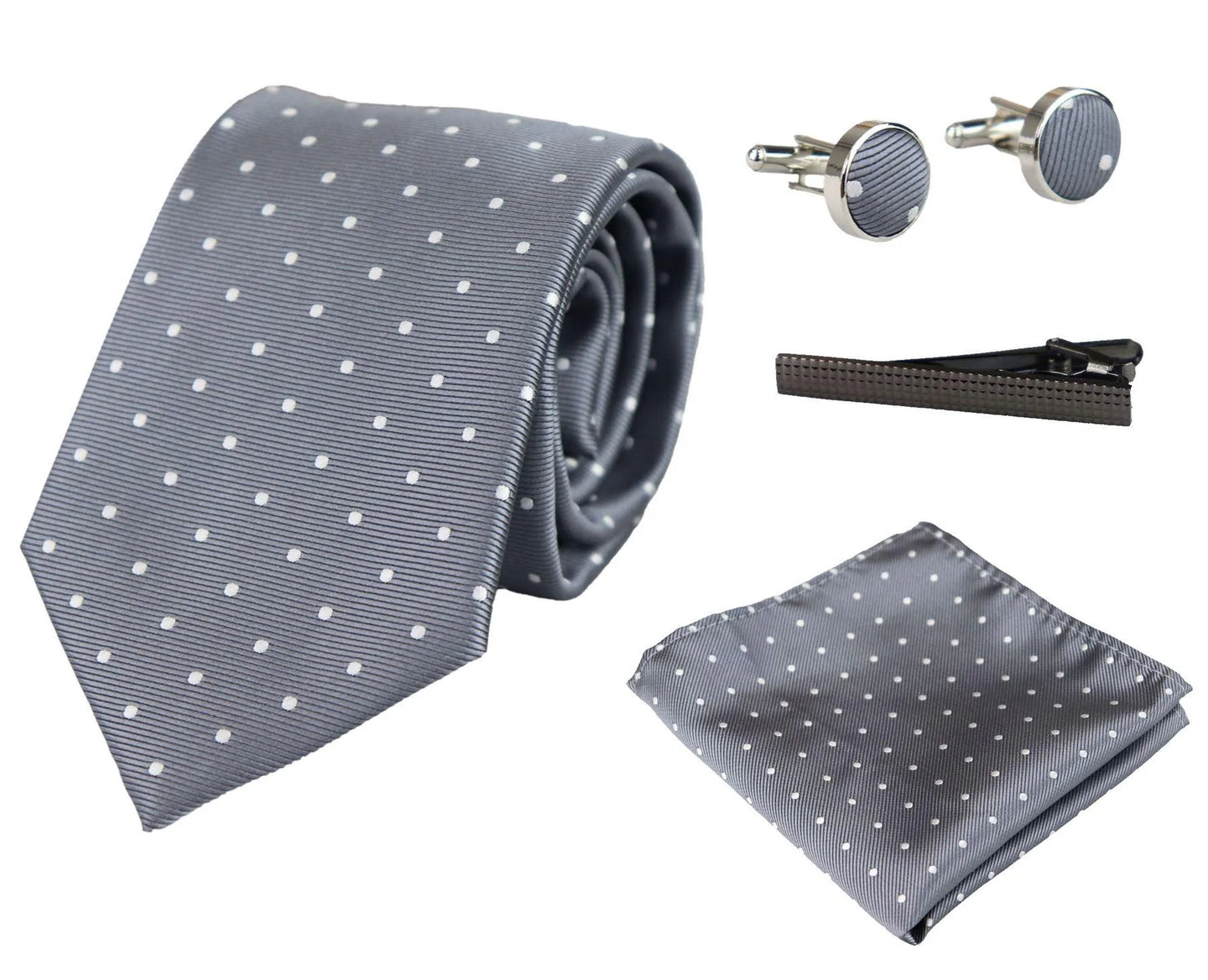 Prickig Silverfärgad Slips Presentset Näsduk Manschettknappar Slipsnål Prickig Satin