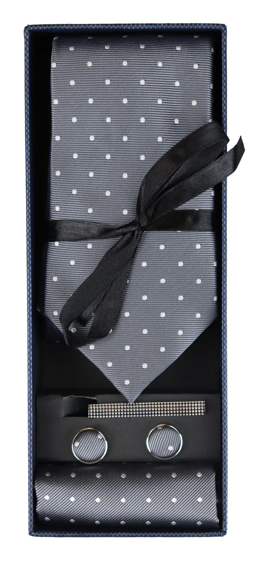 Prickig Silverfärgad Slips Presentset Näsduk Manschettknappar Slipsnål Prickig Satin