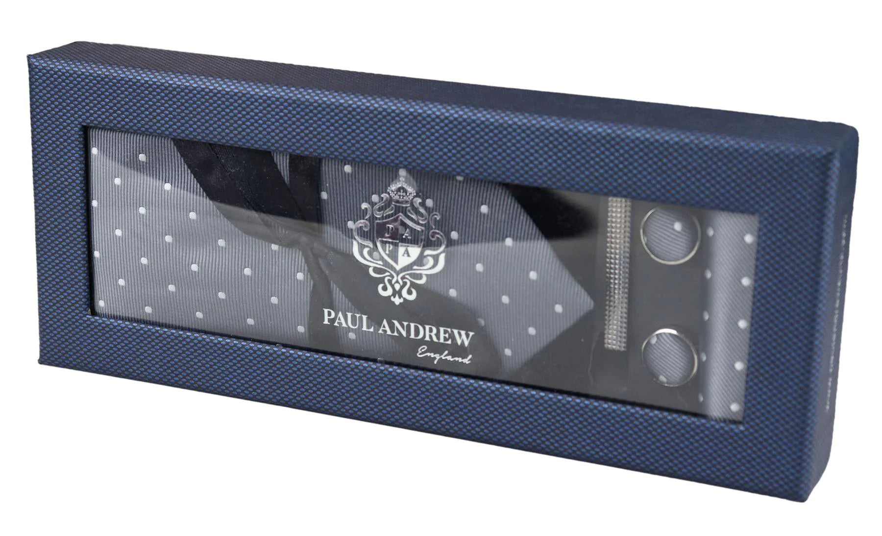 Prickig Silverfärgad Slips Presentset Näsduk Manschettknappar Slipsnål Prickig Satin