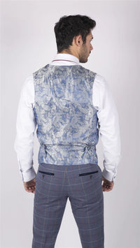Herr Marc Darcy Blågrå Rödrutig 3-delad kostym i elegant casual tweed slim fit Drake