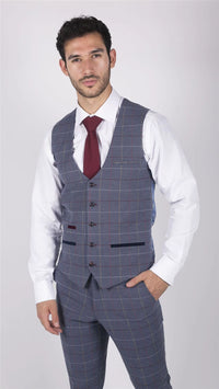 Herr Marc Darcy Blågrå Rödrutig 3-delad kostym i elegant casual tweed slim fit Drake