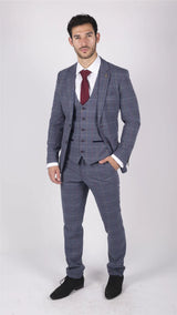 Herr Marc Darcy Blågrå Rödrutig 3-delad kostym i elegant casual tweed slim fit Drake