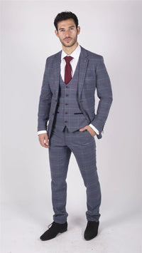 Herr Marc Darcy Blågrå Rödrutig 3-delad kostym i elegant casual tweed slim fit Drake