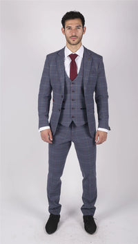 Herr Marc Darcy Blågrå Rödrutig 3-delad kostym i elegant casual tweed slim fit Drake