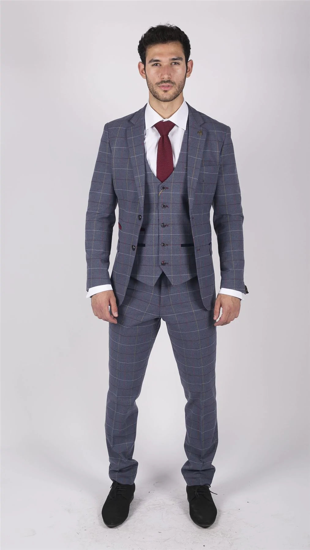 Herr Marc Darcy Blågrå Rödrutig 3-delad kostym i elegant casual tweed slim fit Drake