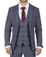 Herr Marc Darcy Blågrå Rödrutig 3-delad kostym i elegant casual tweed slim fit Drake