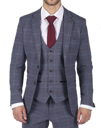 Herr Marc Darcy Blågrå Rödrutig 3-delad kostym i elegant casual tweed slim fit Drake