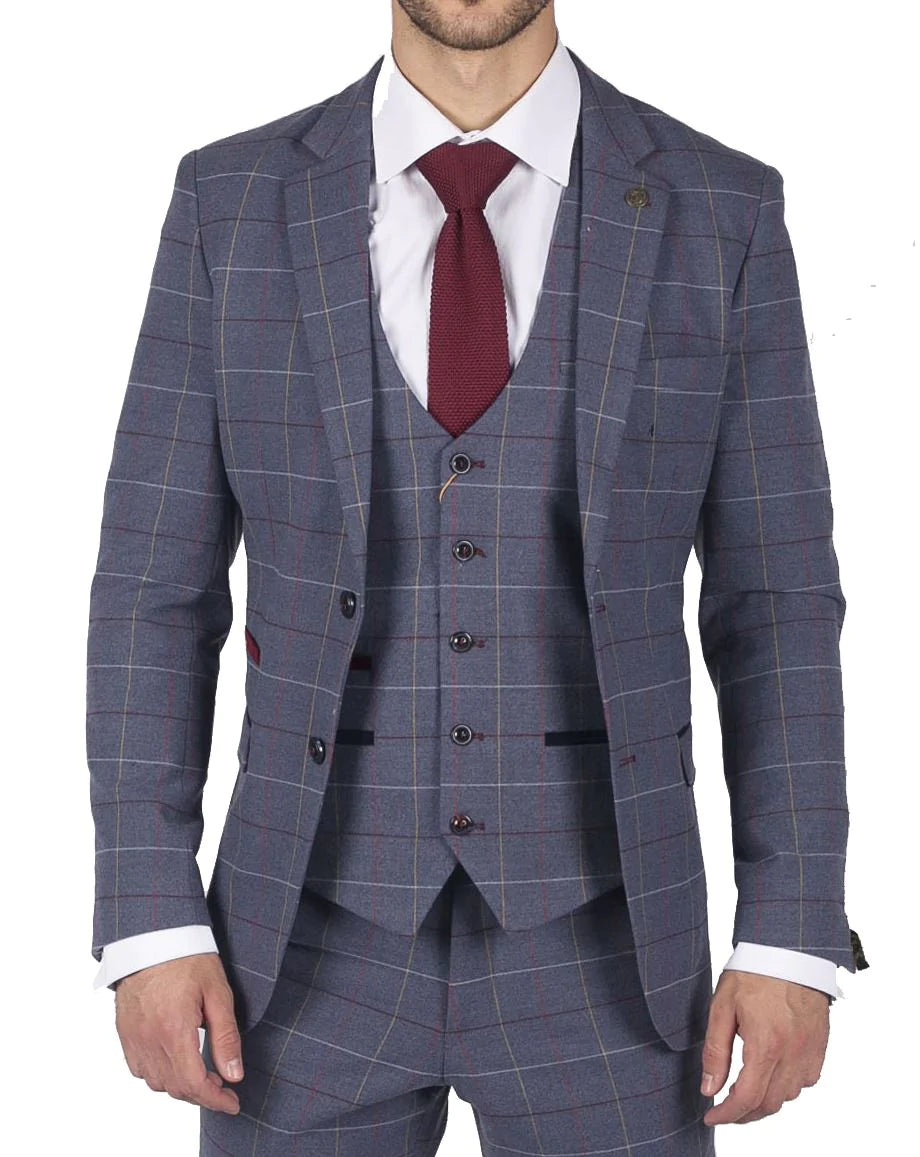 Herr Marc Darcy Blågrå Rödrutig 3-delad kostym i elegant casual tweed slim fit Drake
