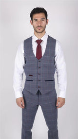 Herr Marc Darcy Blågrå Rödrutig Väst Smart Casual Tweed Slim Fit Drake