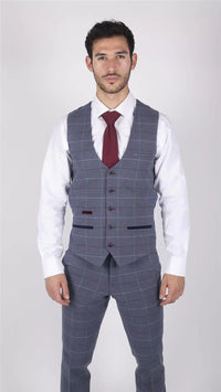 Herr Marc Darcy Blågrå Rödrutig Väst Smart Casual Tweed Slim Fit Drake