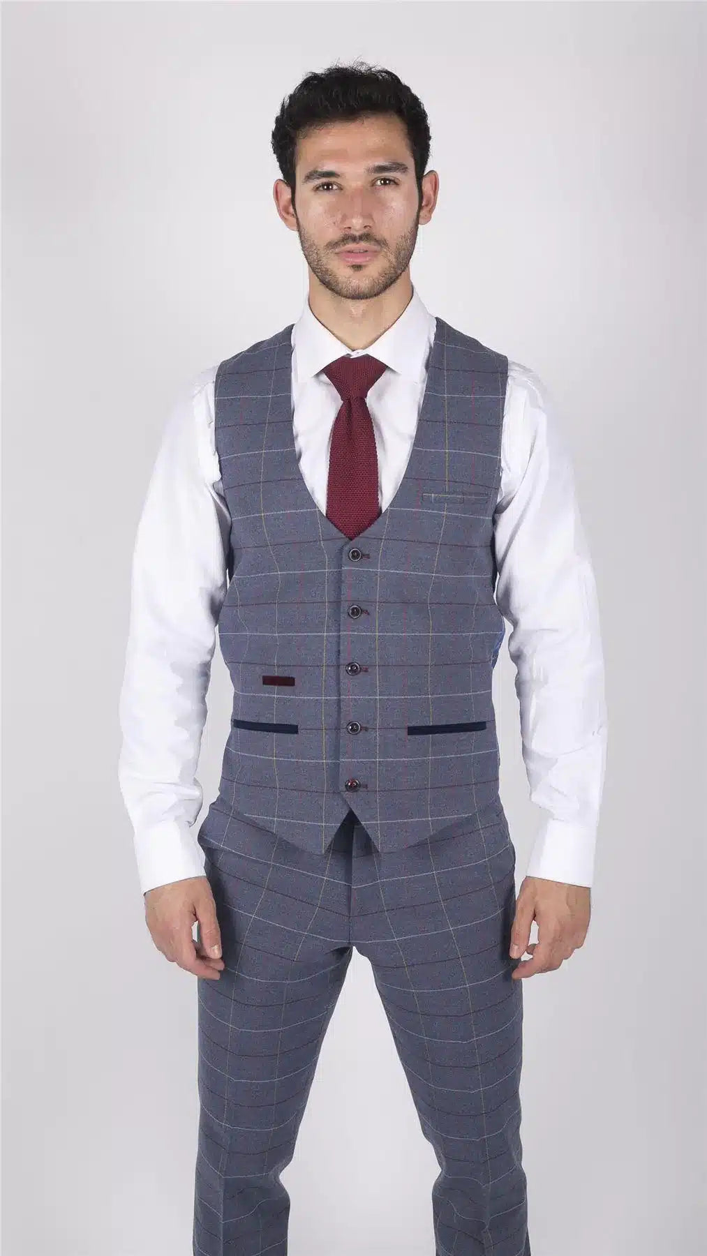 Herr Marc Darcy Blågrå Rödrutig Väst Smart Casual Tweed Slim Fit Drake