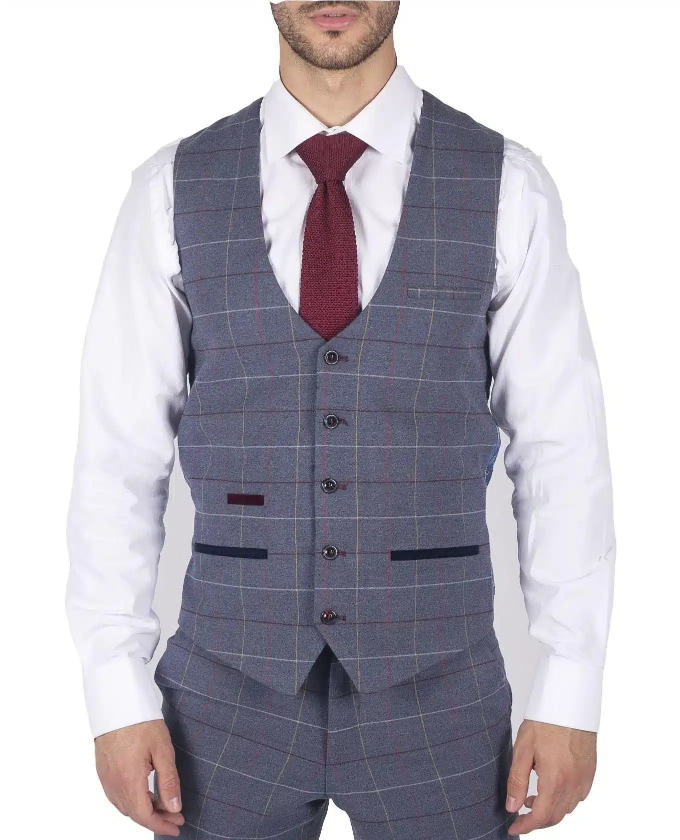 Herr Marc Darcy Blågrå Rödrutig Väst Smart Casual Tweed Slim Fit Drake