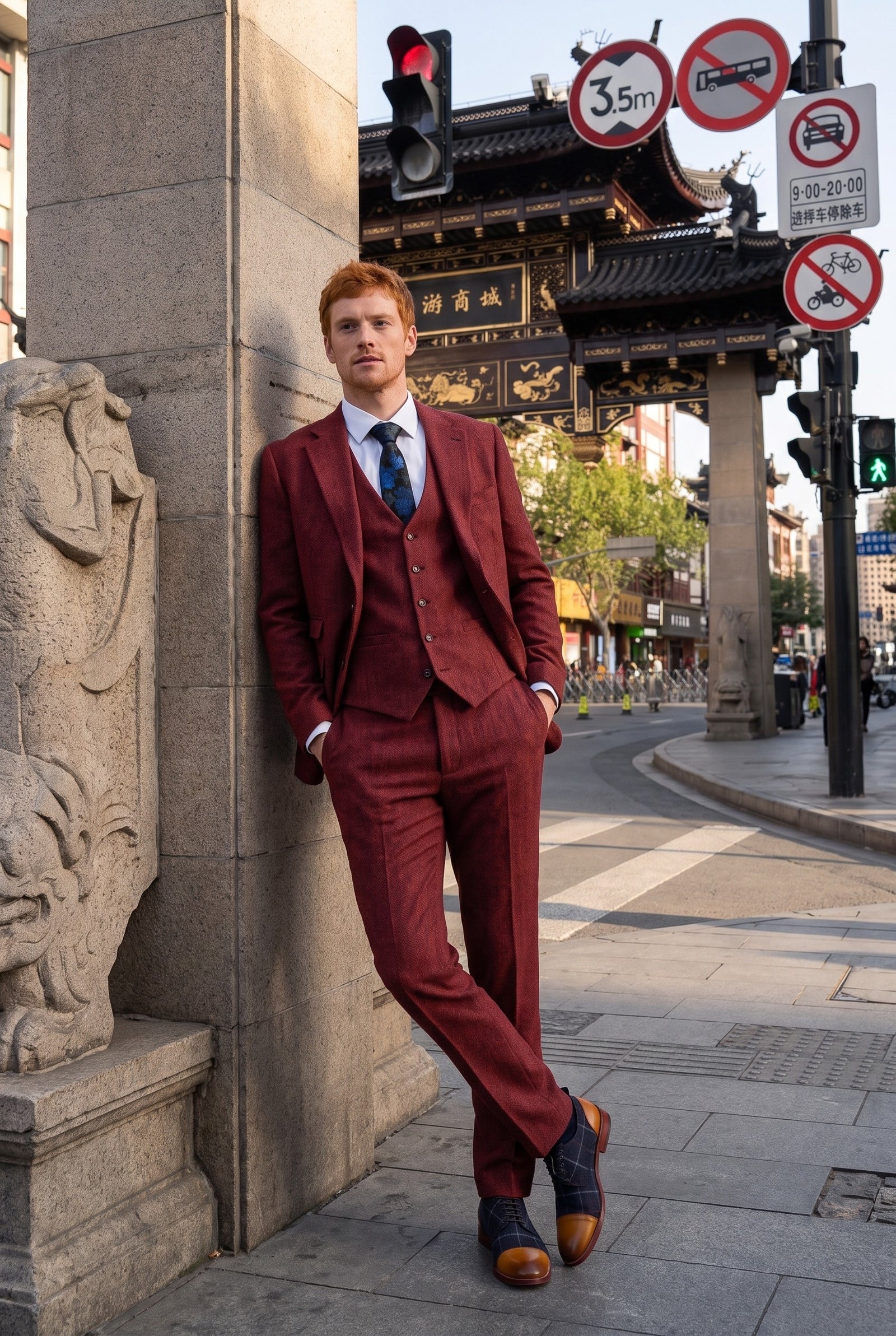Look #271 styled with Herrkostym i fiskbensmönstrad vinröd tredelad tweed – STZ11