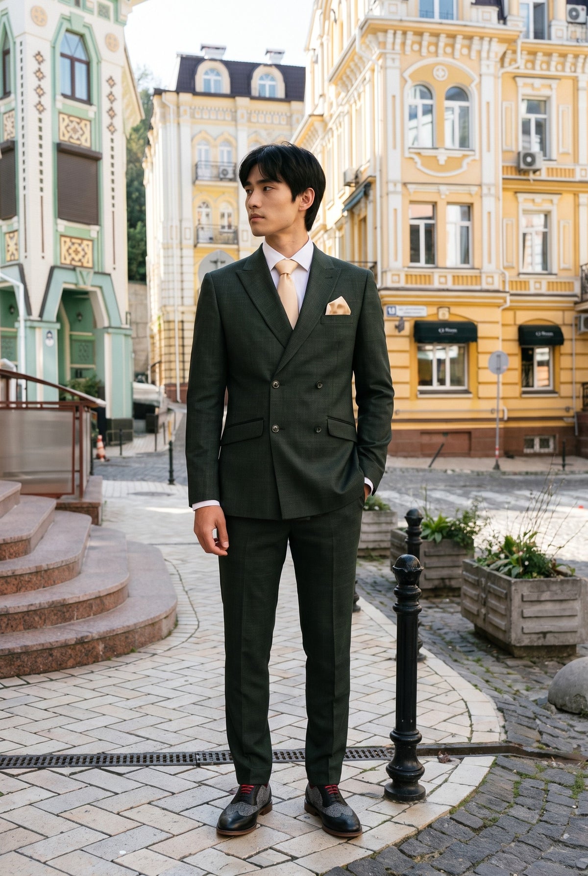 Look #780 styled with Caridi - Herrkostym i olivgrön med dubbelknäppning, 2 delar