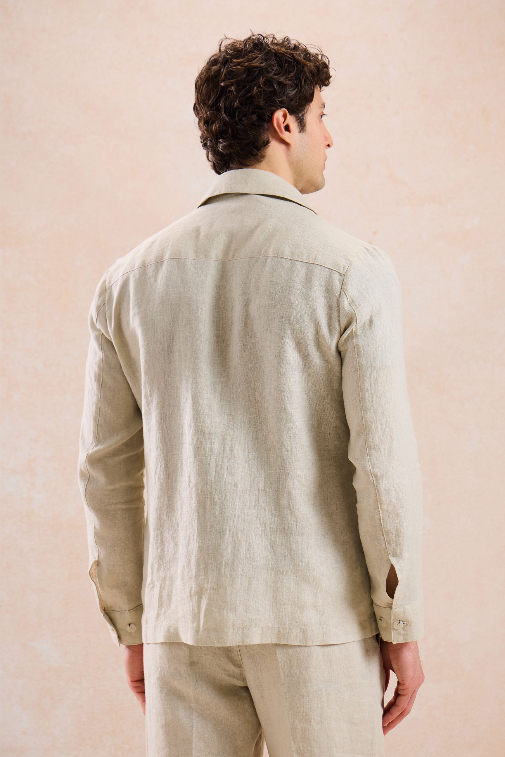 Herr Beige Linne Kostym med Dragkedja Framtill, Safaristil Sommar