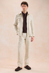 Herr Beige Linne Kostym med Dragkedja Framtill, Safaristil Sommar