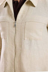 Herr Beige Linne Kostym med Dragkedja Framtill, Safaristil Sommar