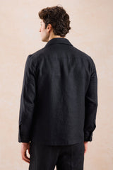 Herr svart linnekostym med dragkedja framtill, safari-stil, sommar