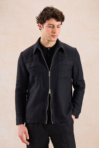 Herr svart linnekostym med dragkedja framtill, safari-stil, sommar