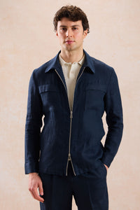 Marinblå linnekostym med dragkedja framtill, safari-stil, sommar, herr