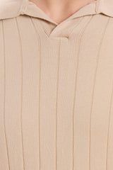 Beige ribbad stickad pikétröja för män