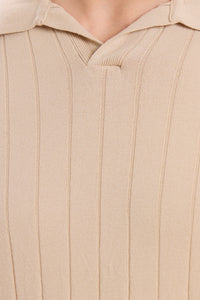 Beige ribbad stickad pikétröja för män