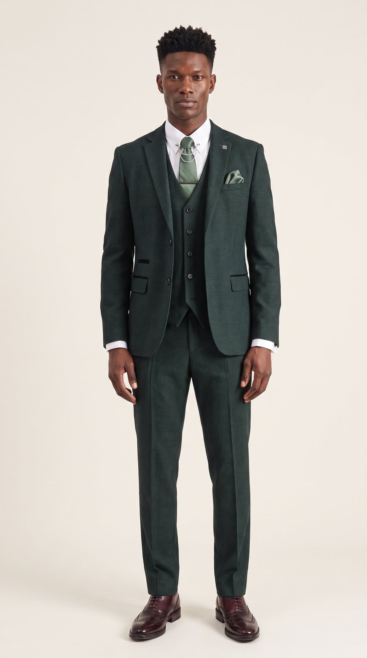 Look #204 styled with Regent - Grön herrkostym med rutig Prince of Wales-mönster i tre delar
