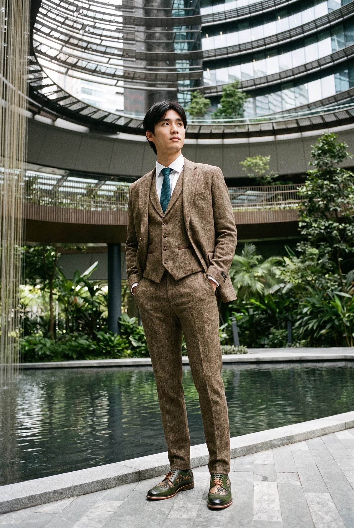 Look #939 styled with Ekbrun fiskbensmönstrad tweed 3-delad kostym