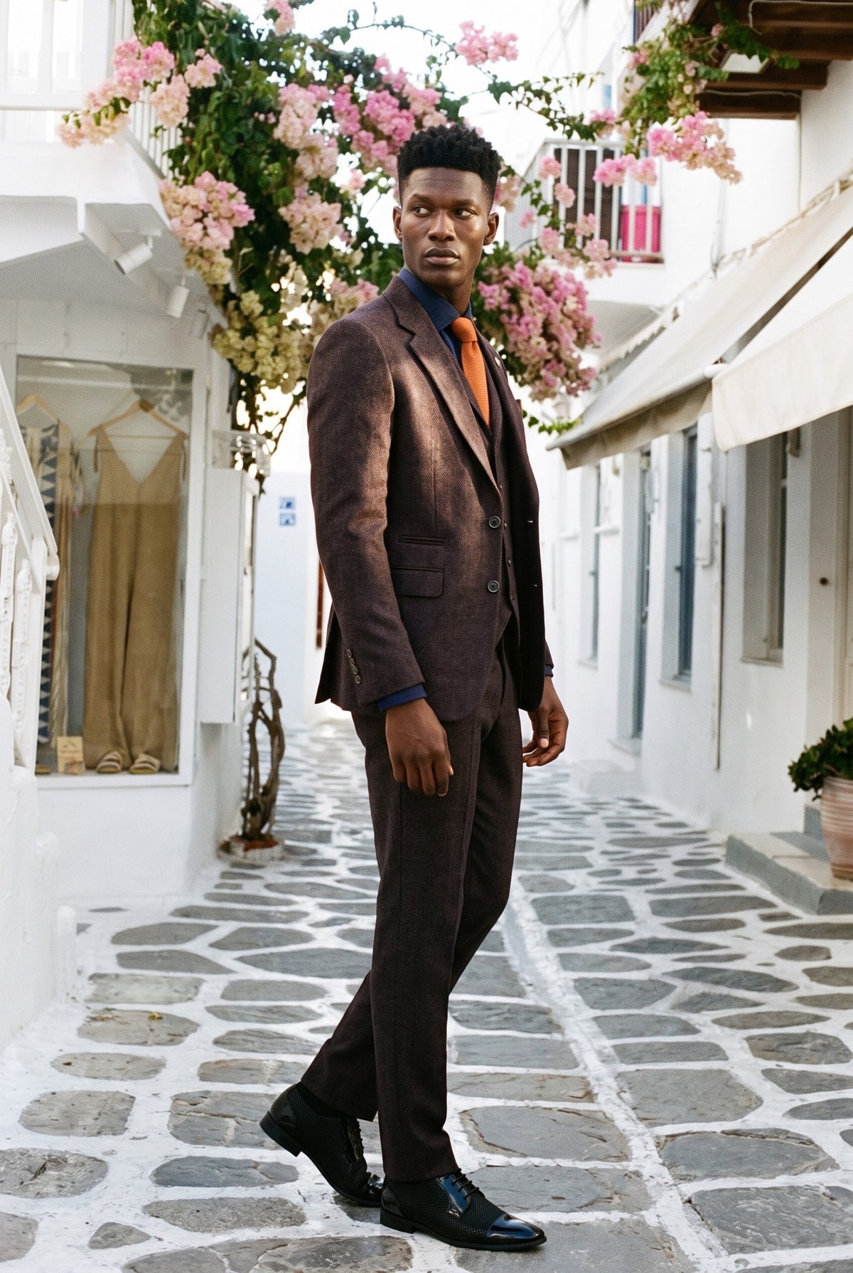 Look #993 styled with Herrkostym i tweed med plommonmönster och fiskbensmönster, tre delar
