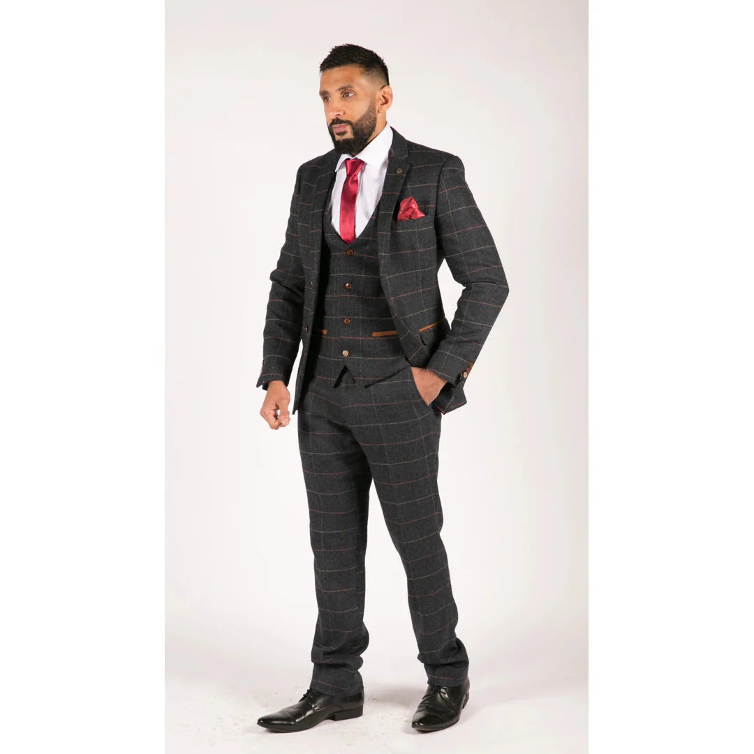 Marinblå vinrutig fiskbensmönstrad tweed i vintage-stil, 3-delad kostym i New Marc Darcy-stil