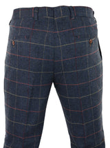 Marinblå vinröd herrbyxor i rutmönster i fiskbensmönstrad tweed i vintage-stil, Marc Darcy