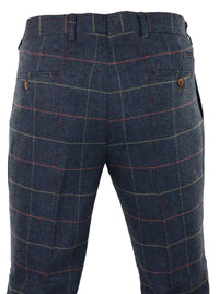 Marinblå vinröd herrbyxor i rutmönster i fiskbensmönstrad tweed i vintage-stil, Marc Darcy