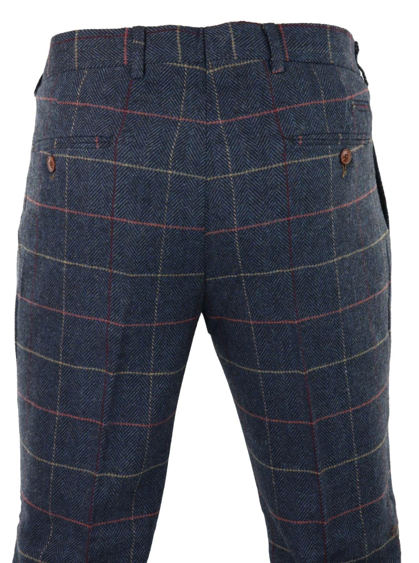 Marinblå vinröd herrbyxor i rutmönster i fiskbensmönstrad tweed i vintage-stil, Marc Darcy