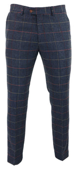 Marinblå vinröd herrbyxor i rutmönster i fiskbensmönstrad tweed i vintage-stil, Marc Darcy