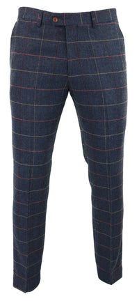 Marinblå vinröd herrbyxor i rutmönster i fiskbensmönstrad tweed i vintage-stil, Marc Darcy