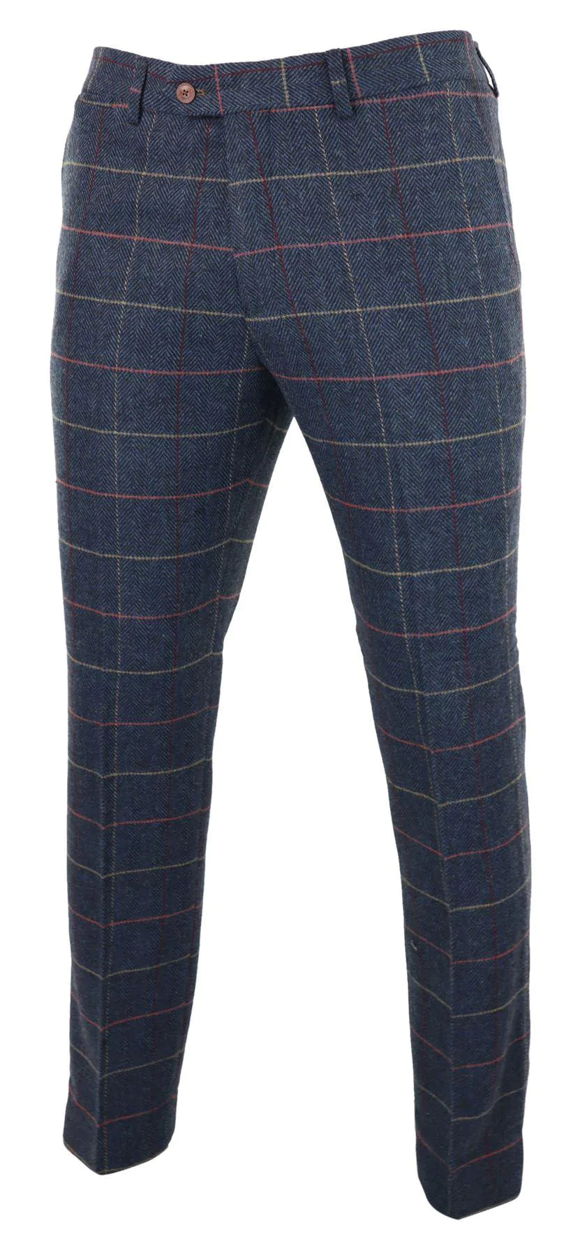 Marinblå vinröd herrbyxor i rutmönster i fiskbensmönstrad tweed i vintage-stil, Marc Darcy