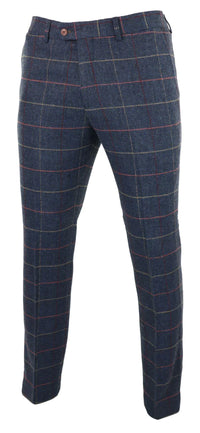 Marinblå vinröd herrbyxor i rutmönster i fiskbensmönstrad tweed i vintage-stil, Marc Darcy