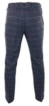 Marinblå vinröd herrbyxor i rutmönster i fiskbensmönstrad tweed i vintage-stil, Marc Darcy