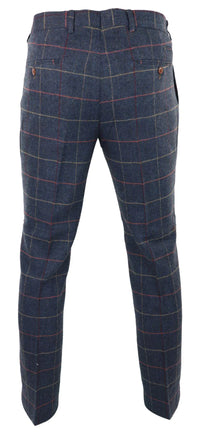 Marinblå vinröd herrbyxor i rutmönster i fiskbensmönstrad tweed i vintage-stil, Marc Darcy