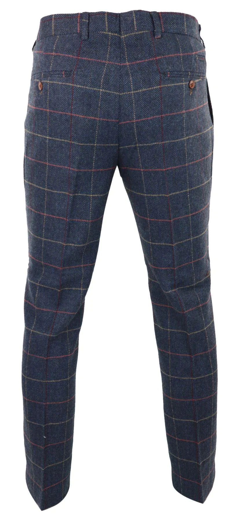 Marinblå vinröd herrbyxor i rutmönster i fiskbensmönstrad tweed i vintage-stil, Marc Darcy