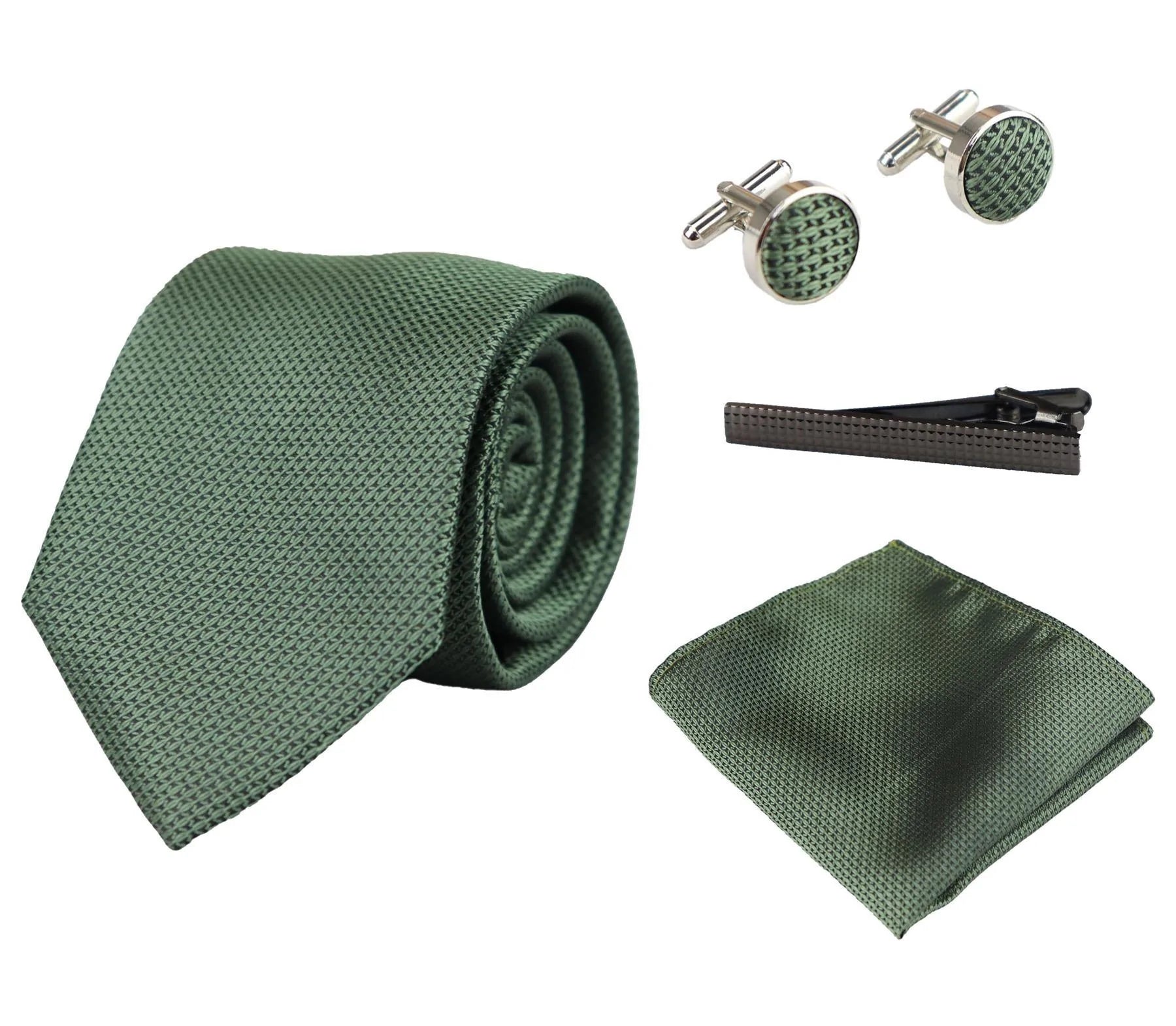 Grön slips i siden med textur, presentset, näsduk, manschettknappar, slips i matt satin