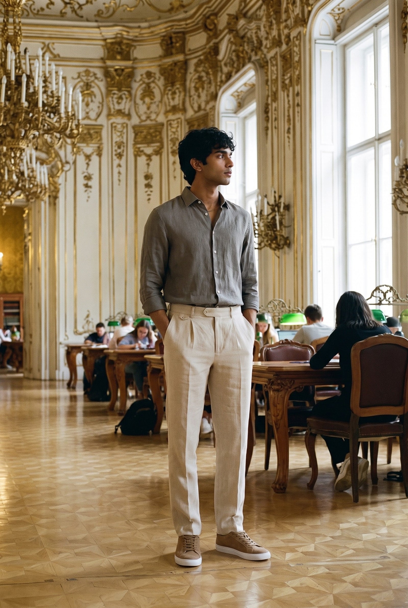 Look #1018 styled with Beige herrbyxor i 100 % linne med plisserade dragsko och avslappnad rak passform