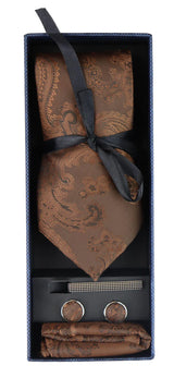 Paisleyhalsad brun slips presentset näsduk manschettknappar slips blommig satin