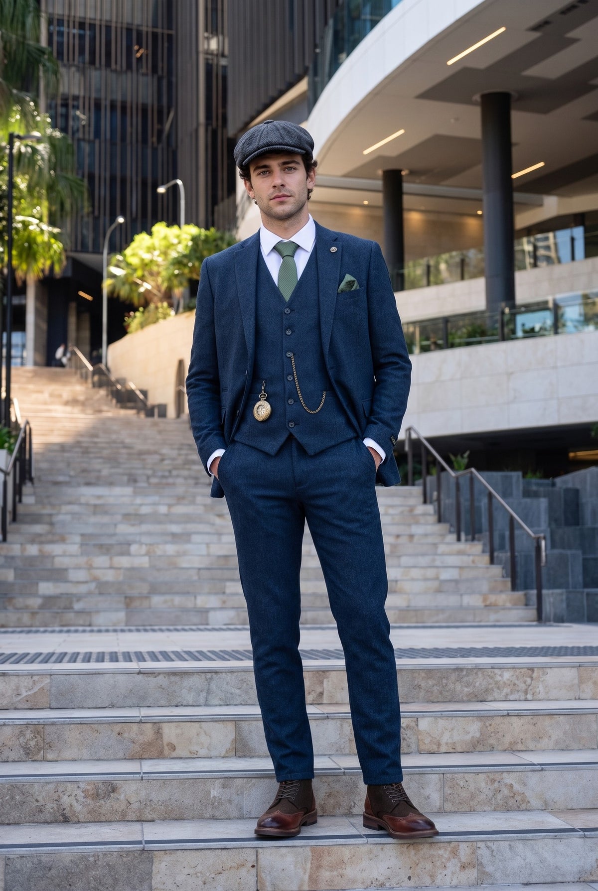Look #385 styled with Marinblå Peaky Blinders ullkostym för män