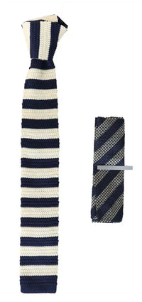 Herr Stickad Slips Näsduk & Nål Set Marinblå Kräm Randig Elegant Formell Slips