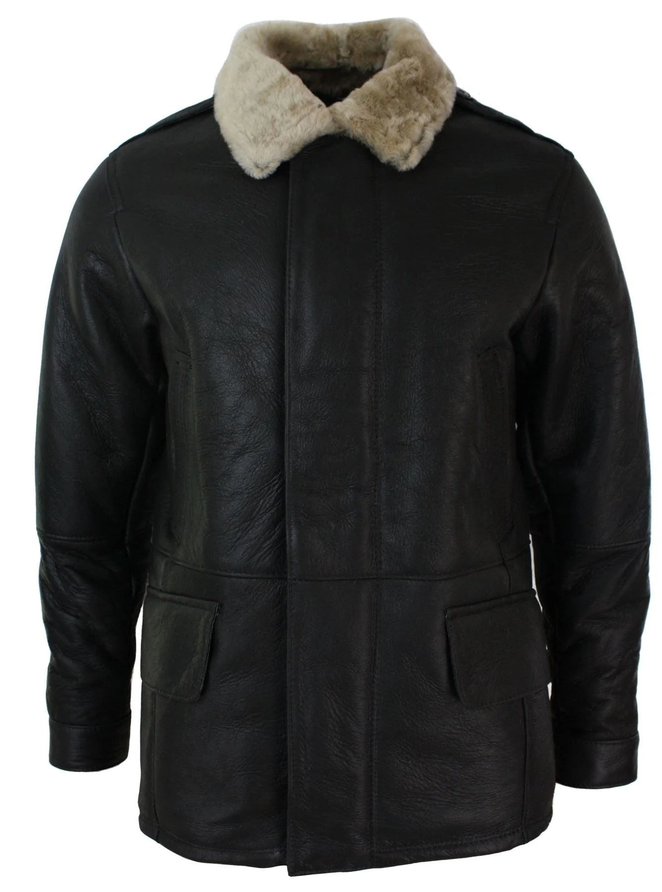 Herr Äkta Shearling Fårskinn 3/4 Överrock Brun Beige Päls Varm Vinter