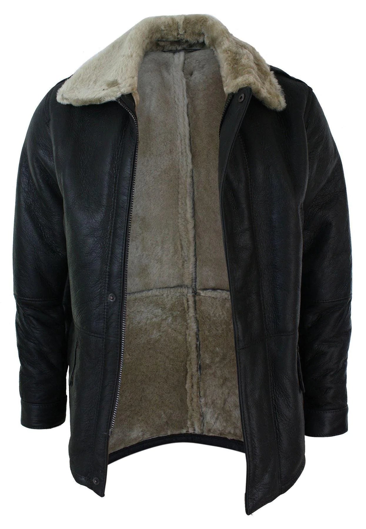 Herr Äkta Shearling Fårskinn 3/4 Överrock Brun Beige Päls Varm Vinter