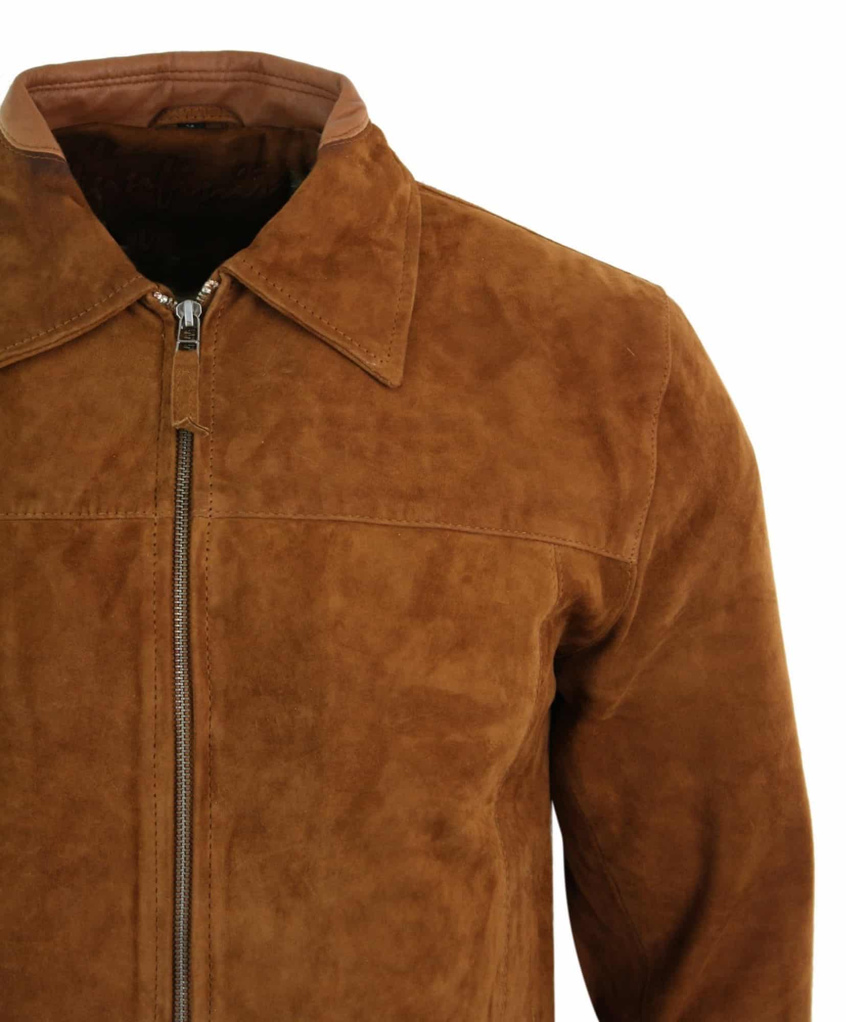 Infinity G500 Suede - Herrjacka i äkta läder med dragkedja, kamelfärgad, nedfällbar krage, vintage retro